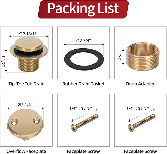 PRIMSOPH Tip-Toe Tub Drain Trim Kit with Two Hole Overflow Faceplate Conversion Kit Assembly Universal Fine Coarse Thread Replacement Brushed Gold