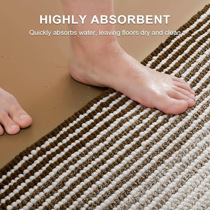 Bathroom Rugs Sets 2 Piece, 32"x20" + U-Shaped 24"x20", Coffee | Ultra Soft Absorbent, Chenille Contour Toilet Rug, Non Slip Striped, Quick Dry Machine Washable, Shower Rug for Bathroom