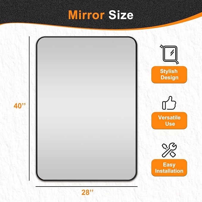 Delma Bathroom Vanity Mirror, Black Framed Mirror for Over Sink, 40x28 | HD glass, distortion-free for makeup and grooming, Sturdy frame, all mounting hardware, hangs horizontal or vertical