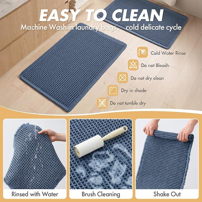 MIULEE Set of 2 Waffle Bathroom Rugs Boho Bath Mat Blue 24x36 Inch | Non Slip, Super Absorbent, Washable, Ultra Soft, Rubber Backed, Large Bath Rugs for Bathroom Floor Tub Shower