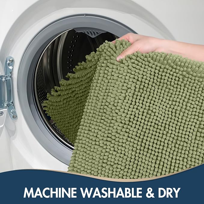 TREETONE Bathroom Rugs Sets, Thick Soft Absorbent 3 Piece Chenille Bath Rugs, Non-Slip, Dry Quickly, Machine Washable, Shaggy Mats with U-Shaped Toilet Rug for Bath Floor, Tub and Shower, Sage Green