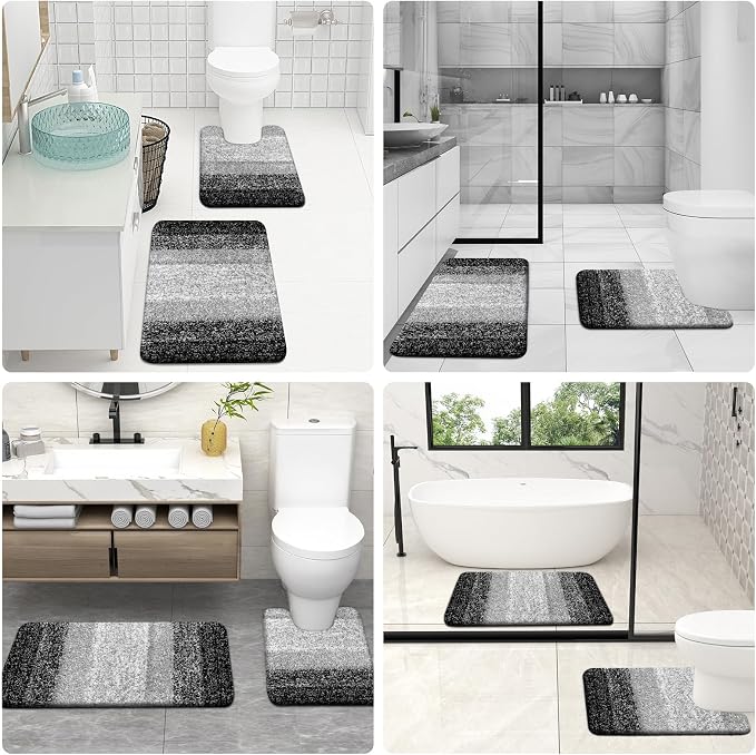 OLANLY Microfiber Bathroom Rugs Sets 3 Piece, 47"x20"+24"x16"+24"x20" | Black, Soft Absorbent Bath Mats and U-Shaped Contour Toilet Rug, Plush Shaggy Bath Mat Set for Bathroom