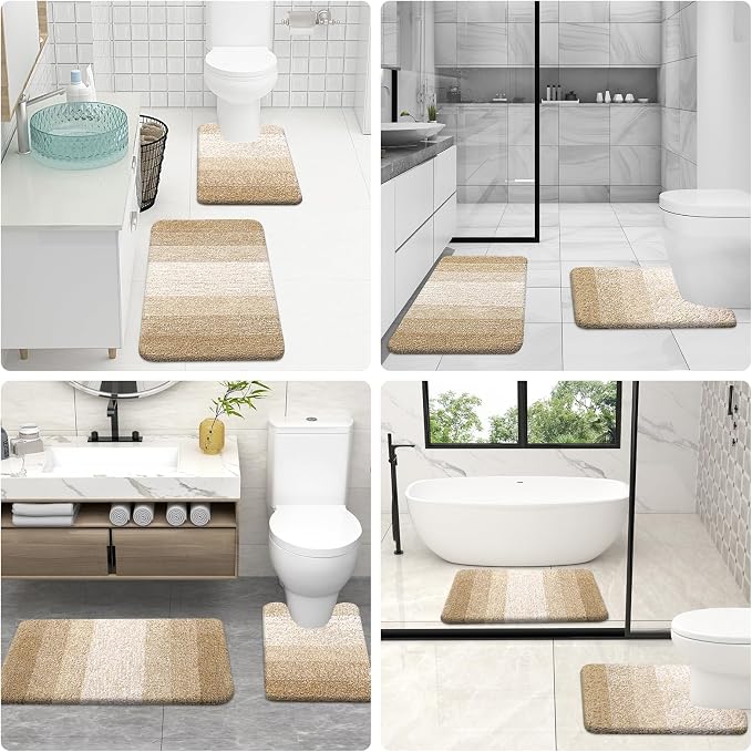 OLANLY Microfiber Bathroom Rugs Sets 3 Piece, 47"x20"+24"x16"+24"x20" | Tan, Soft Absorbent Bath Mats and U-Shaped Contour Toilet Rug, Plush Shaggy Bath Mat Set for Bathroom