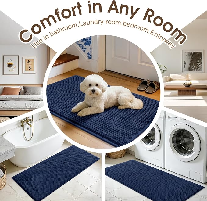 Memory Foam Bath Mat Set 3 Piece, Ultra Soft Absorbent Waffle Bathroom Rugs, Super Non-Slip PVC Backing Bath Rug Quick Dry, Machine Washable Rug for Tub, Shower, Home Decor Accessory, Navy Blue