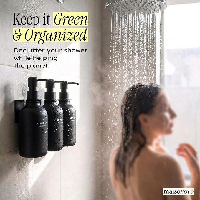 MaisoNovo Shampoo and Conditioner Dispenser|Refillable Black Set of 3 | 500 ml Shower Gel Dispenser Set of 3. Refillable Shampoo and Conditioner Bottles. Drill Free Secure Design. Black