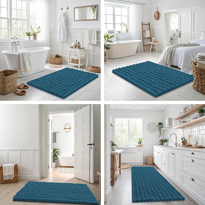 Smiry Bathroom Rugs 40X32, Extra Soft Rubber Backing Chenille Bath Mats | Peacock Blue Machine Washable Non Slip Quick Dry Bath Mats for Bathroom Floor, Tub, Shower, Home Decor Accessories