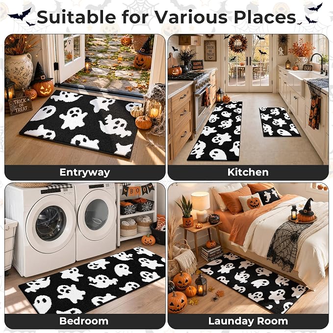 Findosom Halloween Bathroom Rugs Sets 3 Piece, Absorbent Soft Bath Rug Set | Washable Non-Slip Microfiber Shaggy Ghost Bath Mat Set with Bathroom Runner Rug, U-Shaped Toilet Rugs, Shower Rug, Black