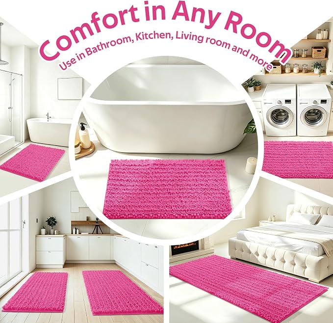 ACCUMTEK Upgrade Extra Large Shiny Pink Bathroom Rug Set 3 Pieces Ultra Soft, Thick Absorbent Bath Mats, Non Slip Chenille Toilet Mat for Bathroom, Bedroom, Kitchen