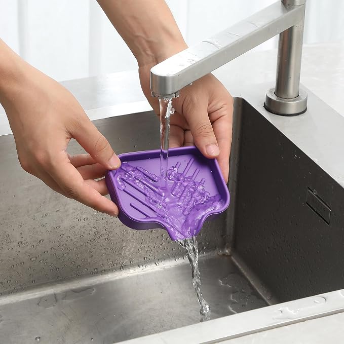 MicoYang Silicone Soap Dish with Drain Spout, Self-Draining Sink Organizer Tray for Bathroom and Kitchen, Sponges, Dispensers and Soap Holder, Non-Slip and Dishwasher Safe, Purple (Compact, 4.9"×3.2")