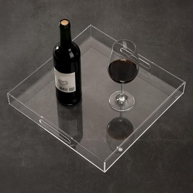 Clear Sturdy Acrylic Serving Tray with Handles - 14x14Inch - Coffee, Appetizer, Breakfast, Butler Tray - Kitchen Countertop & Makeup Drawer Organizer