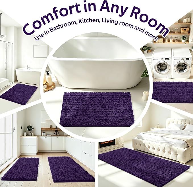 ACCUMTEK Upgrade Luxury 2 Piece Dark Purple Toilet Bathroom Rug Mat 48"x20"+24"x17", Ultra Soft Thick Absorbent Bath Mats, Non Slip Chenille Toilet Mat for Bathroom, Bedroom, Kitchen, Shower, Tub