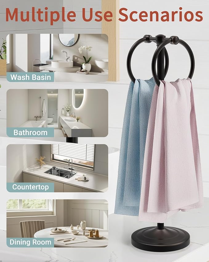 18" Hand Towel Holder Stand, Stainless Steel Free Standing Towel Rack Bar,Double Ring Towel Hanger with Weighted Base, Towel Hardware for Bathroom Vanity Kitchen Countertops(Oil Rubbed Bronze)