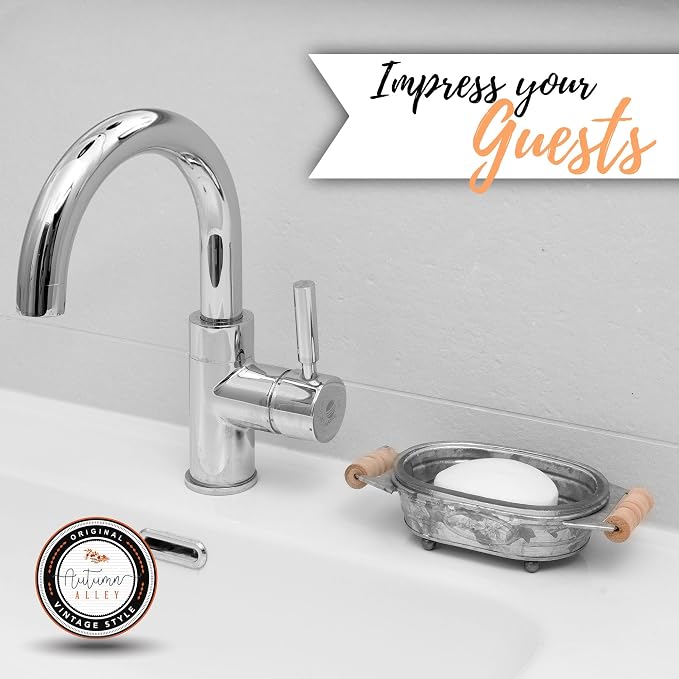 Autumn Alley Galvanized Farmhouse Soap Dish for Bathroom – Fun Kitchen Soap Tray – Farmhouse Bathroom Accessories – Rustic Soap Dish – Wooden Handles Add Vintage Appeal – Cute Bathtub Decor