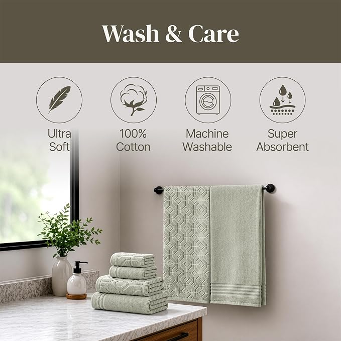 Modern Threads 6 Piece Cotton Bath Towel Set – Ultra Soft 550 GSM Towels – Bathroom Set with Hand Towels and Washcloths – Geometric (Soft Olive)