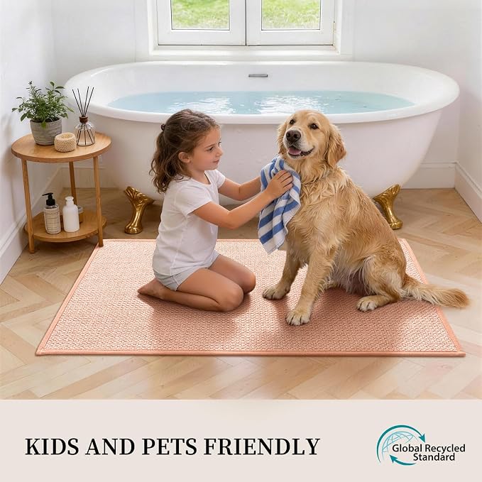 Pink Bathroom Rugs Sets 2 Piece, Quick Dry Thin Bath Mat, Non Slip Absorbent Machine Washable, Bath Runner Rug for Bathtub Sink Home Decor (17"x24" + 17"x47")