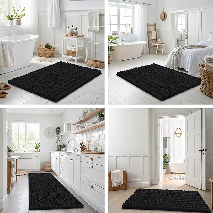 Smiry Bathroom Rugs 48X32, Extra Soft Rubber Backing Chenille Bath Mats | Black Machine Washable Non Slip Quick Dry Bath Mats for Bathroom Floor, Tub, Shower, Home Decor Accessories