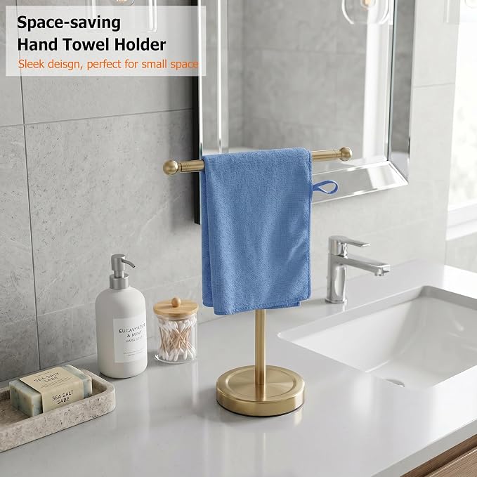 Hand Towel Holder, T-Shape Hand Towel Stand for Bathroom, Hand Towel Rack Bar Standing for Vanity Kitchen Countertop (Gold, Stainless Steel)