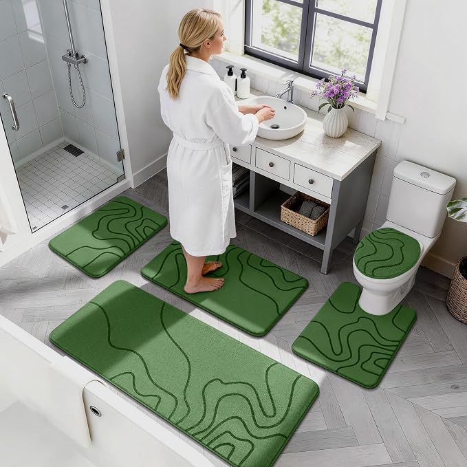 Memory Foam Bathroom Rugs Sets 5 Piece, Ultra Soft Bath Mat, Olive Green | Ultra Soft, Extra Thick Bath Mat, Absorbent, Non-Slip, Machine Washable, For Tub, Shower & Home Decor Accessories
