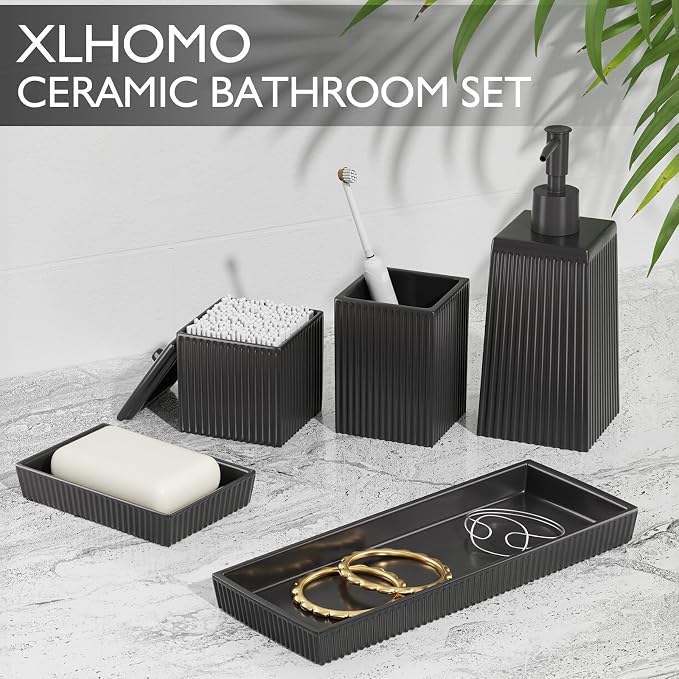 XLHOMO Bathroom Set - Black Bathroom Accessories Set, 5PCS Ceramic Bathroom Accessory Set, Bathroom Sets with Soap Dispenser, Toothbrush Tumbler, Soap Dish, Q-tip Holder & Vanity Tray