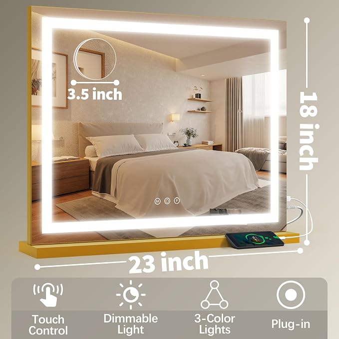 FENNIO 23" x 18" Vanity Mirror with Lights,LED Makeup Mirror,Hollywood Mirror with 3 Color Modes & Adjustable Brightness,Vanity Mirror Square Gold