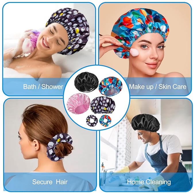 Shower Cap for Women Set of 4, Reusable Bath Caps + 2 Satin Hair Scrunchies | Double Layers, Waterproof Hair Caps, for Bath Accessories, Spa, Travel Home - Pattern A