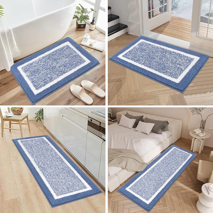 Pauwer Bathroom Rug Sets 3 Piece, Non Slip Washable Bath Mat, Blue | Soft Plush Microfiber, Super Absorbent Floor Carpet, U Shaped Toilet Mats, Quick Dry, Shaggy Shower Rugs Runners