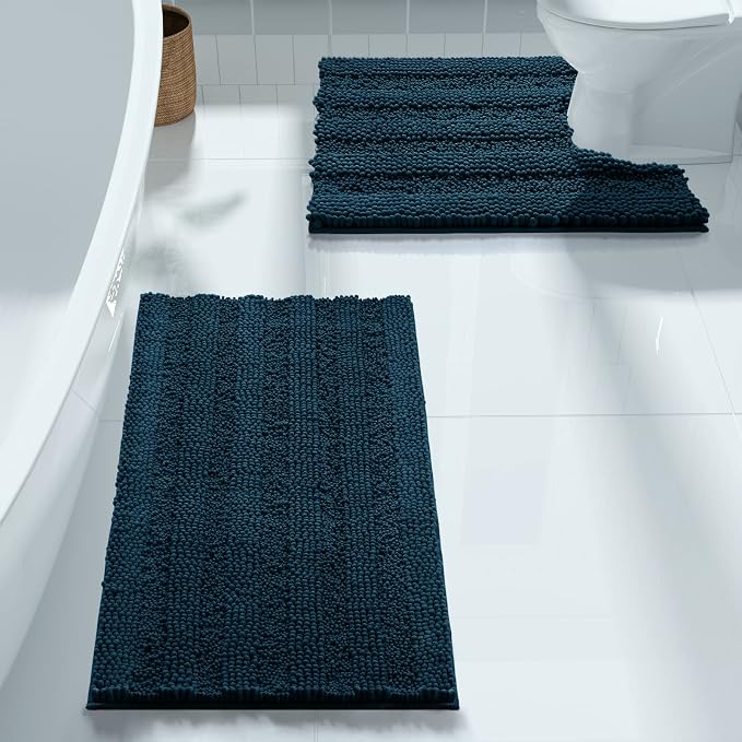 Yimobra U Shaped Toilet Rug Set, Soft Chenille, 24x17+24x20, Peacock Blue | Non Slip Machine Washable Quick Dry, Plush Absorbent Shower Rugs for Bathroom Floor Sink Tub and Shower Outside