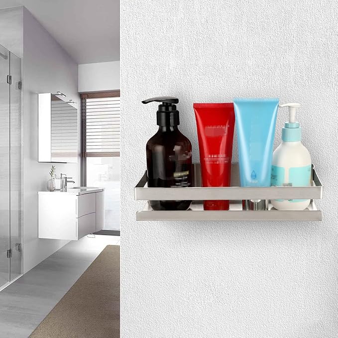 OwnMy 10 Inch Bathroom Shower Shelf Stainless Steel Bath Kitchen Basket Shower Caddy Rack, Rust Proof Metal Bathroom Storage Floating Shelves Wall Mounted Shower Corner Rectangular Shelf (Silver)
