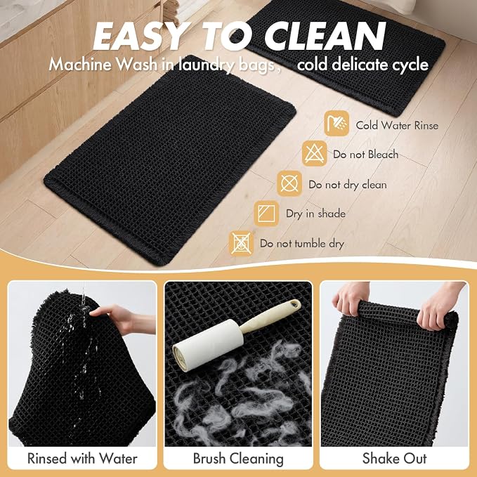 MIULEE Set of 2 Waffle Bathroom Rugs Boho Bath Mat Black 17"x24"+18"x30" | Non Slip, Super Absorbent, Washable, Ultra Soft, Rubber Backed, Small Bath Rugs for Bathroom Floor Tub Shower
