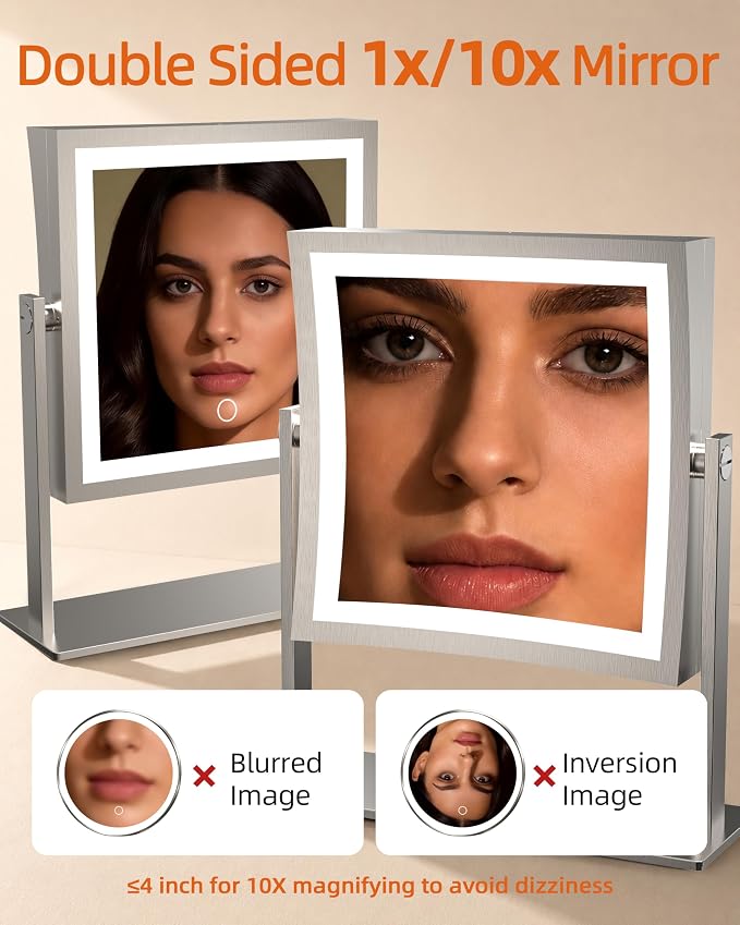 Ruacq Makeup Mirror with Lights, Dual Sided 1X/10X, Brushed Nickel | 8",4000mAh Rechargeable, Magnifying Mirror with 3 Color Lights,Touch Control Dimmable, 360° Rotation, Square, Gift for Women