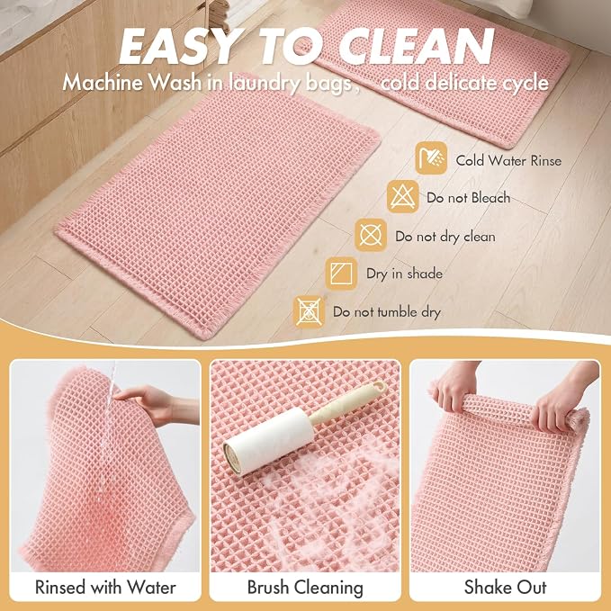 MIULEE Set of 2 Waffle Bathroom Rugs Boho Bath Mat Pink 17x24 Inch | Non Slip, Super Absorbent, Washable, Ultra Soft, Rubber Backed, Small Bath Rugs for Bathroom Floor Tub Shower