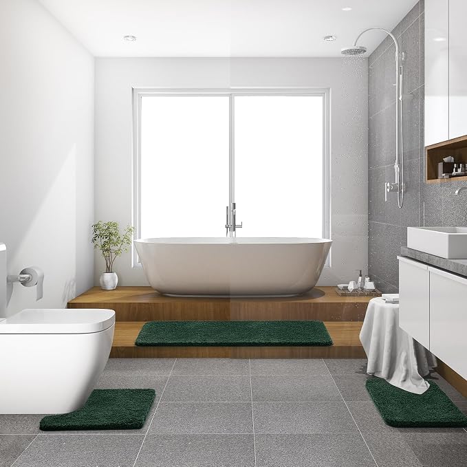 MIULEE Dark Green Bathroom Rugs Set 2 Piece Soft Bath Mats 20x24+20x30 Inch | Absorbent Microfiber Bath Mat and U-Shaped Toilet Rug, Non Slip, Quick Dry, for Bathroom Floor Tub Showers, Machine Washable