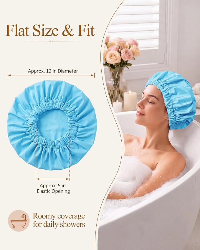 Edoneery Shower Caps for Women Reusable Waterproof, Shower Hair Cap | Washable Bonnet, Wide Elastic Band, Large Fit, Holds Long Hair, Braids Friendly, Bath Accessories, Spa, Travel