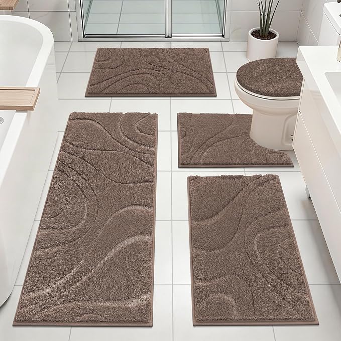HEBE Bathroom Rugs Sets 5 Piece, Non Slip Washable Absorbent Bath Mat Set | Super Soft Plush Microfiber Bathroom Mats with Runner Set, Solid Bathmat with U-Shaped Toilet Rug Cover Set for Tub, Shower