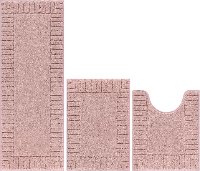 Pauwer Bathroom Rugs Sets 3 Piece, Microfiber Bath Mat Set, Dusty Pink | Non Slip Washable, Soft Plush, Extra Absorbent Bath Mats, U Shaped Contour Toilet Rug for Bathroom