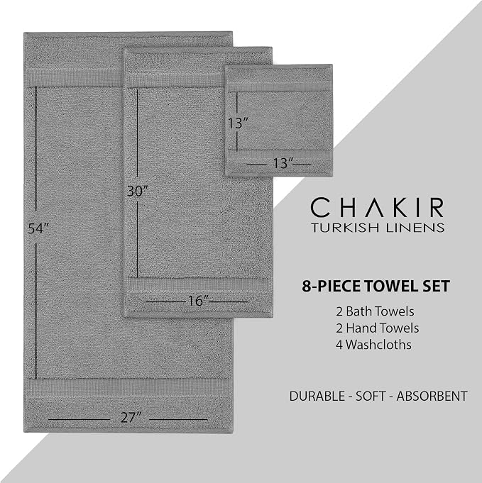 Chakir Turkish Linens 100% Cotton 8-Piece Towel Set, Gray | 100% cotton 8-pc set, OEKO-TEX certified: 2 bath 27x54, 2 hand 16x30, 4 washcloths 13x13