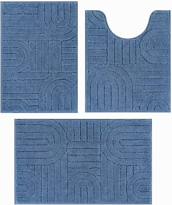 Vaukki Blue Bathroom Rugs Sets 3 Piece, 32x20+26x18+24x20 Inch | Washable Non Slip Soft Bath Mats for Shower and Tub, Plush Absorbent Microfiber Toilet Rug U Shaped