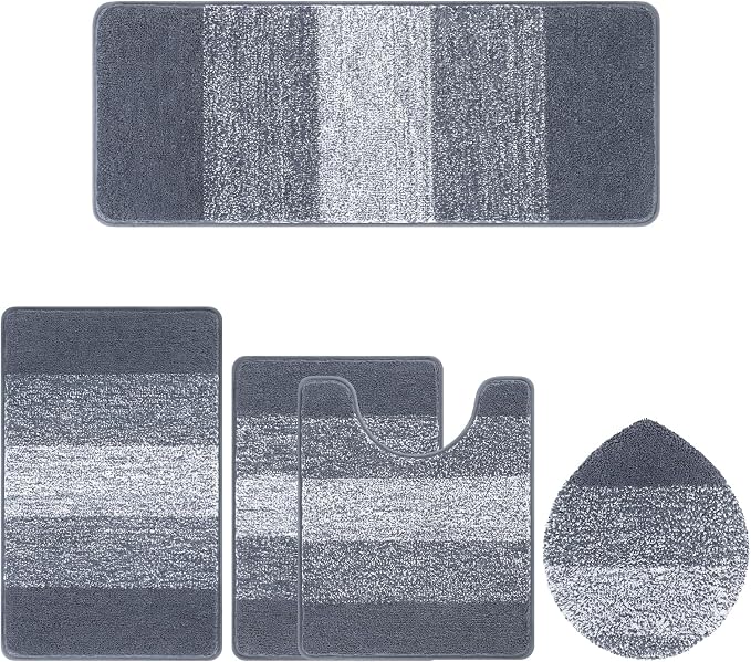Bsmathom Bathroom Rug Set 5 Piece, Plush Microfiber Bath Mat, Dark Grey | Extra Water Absorbent, Non Slip Washable Runner Bath Rugs with Toilet Lid Cover and U-shaped Contour Toilet Mat