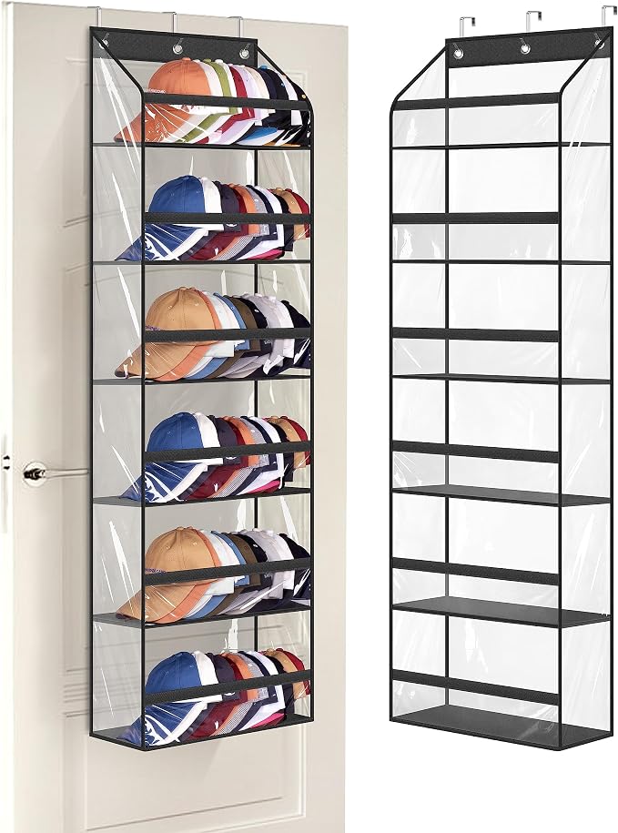 AOODA Clear Over The Door Hat Racks for Baseball Caps, Large Holds up to 72 Caps Hat Storage Organizer for Closet Wall, Deep Pockets Hanging Hat Holder with 3 Hooks, Black