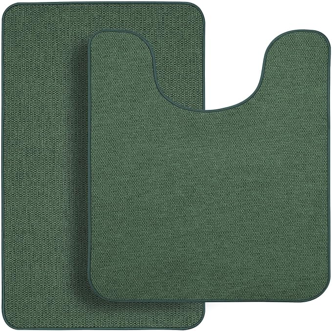 Bosap Bath Mat Set 2 Pieces,Ultra Thin Bathroom Rugs,Rubber Toilet Rugs | Non Slip,Quick Dry,Machine Washable,Low Pile,Absorbent,Shower,Sink,Bathroom Decor.(Green,17"x27" Plus 20"x24"U Shaped)