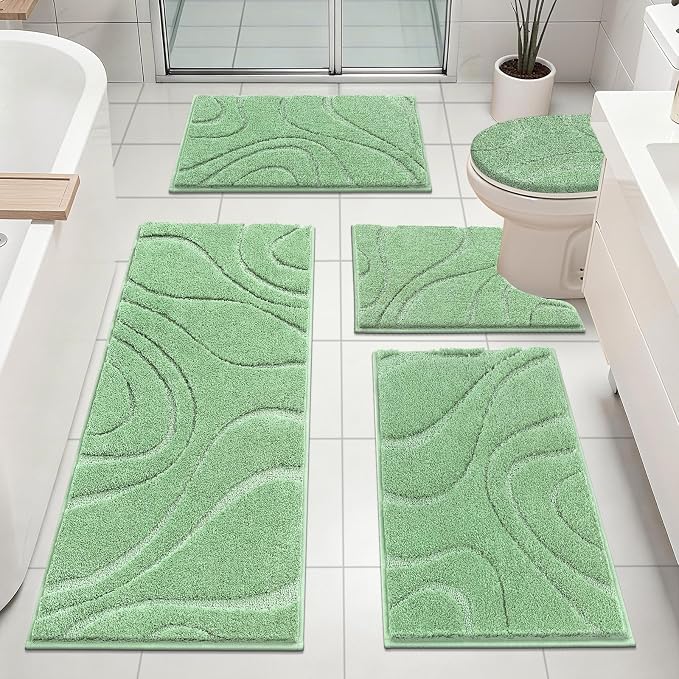 HEBE Bathroom Rugs Sets 5 Piece, Non Slip Washable Absorbent Bath Mat Set | Super Soft Plush Microfiber Bathroom Mats with Runner Set, Solid Bathmat with U-Shaped Toilet Rug Cover Set for Tub, Shower