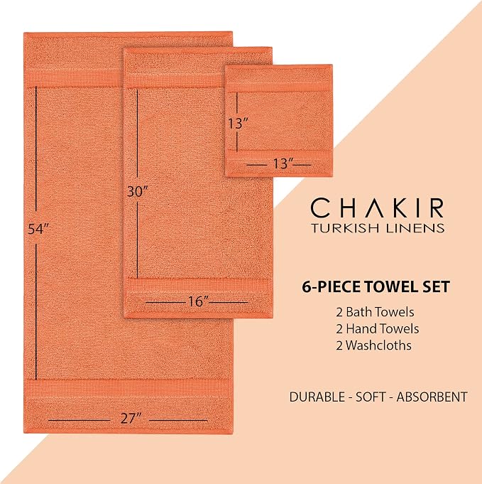 Chakir Turkish Linens 100% Cotton 6-Piece Towel Set, Coral | 100% cotton 6-pc set, OEKO-TEX certified: 2 bath 27x54, 2 hand 16x30, 2 washcloths 13x13
