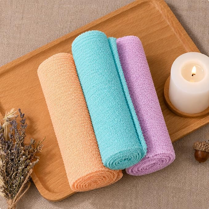 Multicolor Shower Bath Sponge, Gentle Skin Exfoliator for Body and Back Daily Bath Washing, Orange+Lilac+Lakeblue