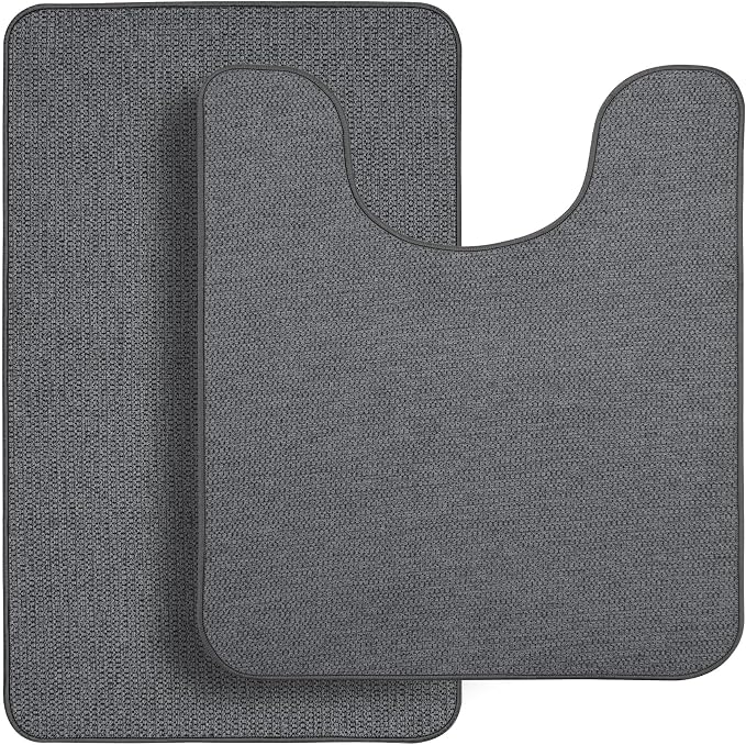Bosap Bath Mat Set 2 Pieces,Ultra Thin Bathroom Rugs,Rubber Toilet Rugs | Non Slip,Quick Dry,Machine Washable,Low Pile,Absorbent,Shower,Sink,Bathroom Decor.(Dark Grey,17"x27" Plus 20"x24"U Shaped)