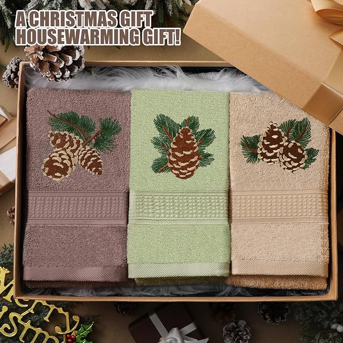 3 Pcs Rustic Pine Cone Hand Towels for Bathroom Christmas Decor | Embroidered Pine Cone Design, 100% Cotton, Christmas Bathroom Kitchen Decor, Absorbent Towels, Holiday Housewarming Gifts