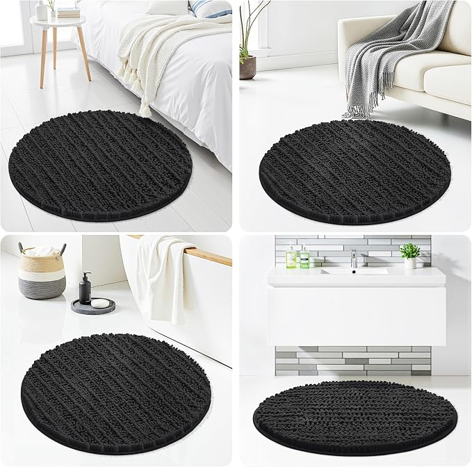 Smiry Bathroom Rugs Round 30X30, Extra Soft Rubber Backing Bath Mats | Black Machine Washable Non Slip Quick Dry Bath Mats for Bathroom Floor, Tub, Shower, Home Decor Accessories