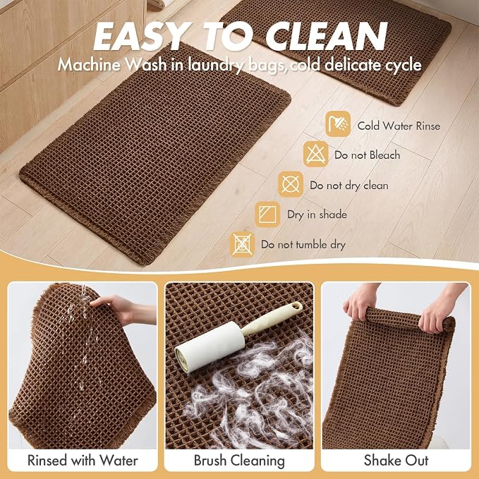 MIULEE Set of 2 Waffle Bathroom Rugs Boho Bath Mat Mocha 20x32 Inch | Non Slip, Super Absorbent, Washable, Ultra Soft, Rubber Backed Bath Rugs for Bathroom Floor Tub Shower