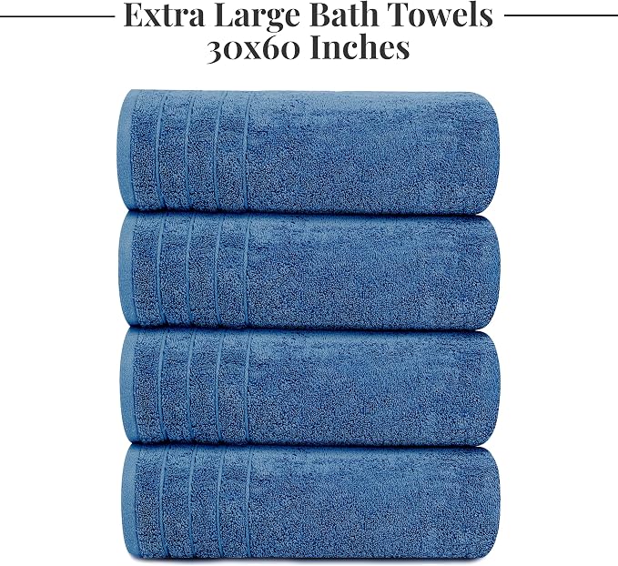 4 Piece Extra Large Bath Towels 30 x 60 Inches, Blue | 100% Cotton, Larger & Lighter Weight, Quicker to Dry, Super Soft and Absorbent, Perfect for Bathroom