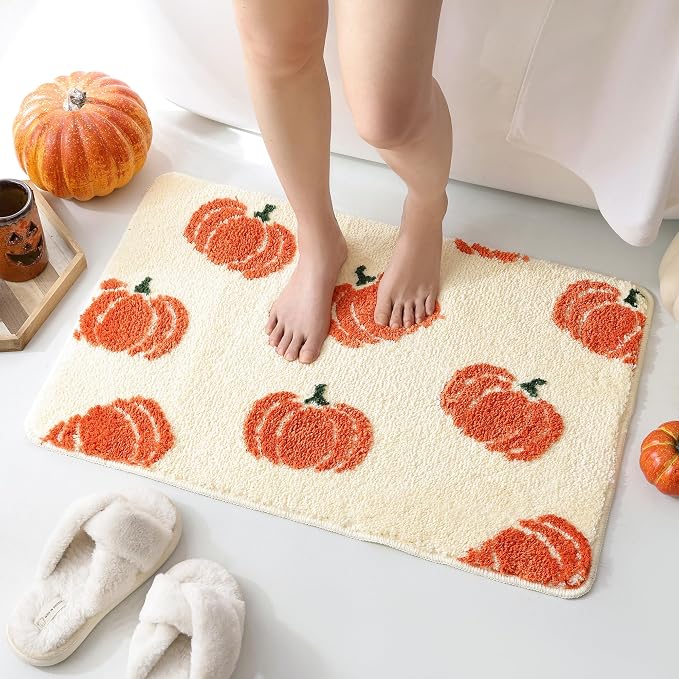TRUEDAYS Beige Bathroom Rugs with Orange Pumpkins, Cute Bath Mat for Halloween and Thanksgiving, Soft Non Slip Farmhouse Mats Funny Indoor Rug Home Decor Fall and Autumn
