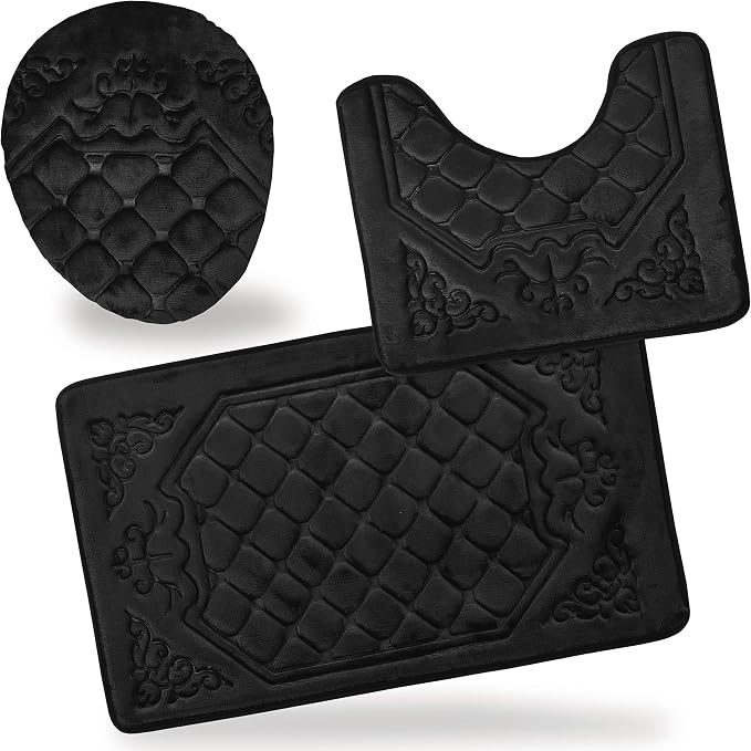 All American Collection 3PC Memory Foam Bath Mats Soft Plush Crown Design Anti-Slip Shower Bathroom Contour Toilet Lid Cover Rugs (Black)